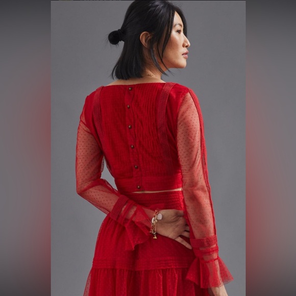 NWT Anthropologie Dotted Tulle Crop Long Sleeve Blouse Red 8P - Picture 7 of 10